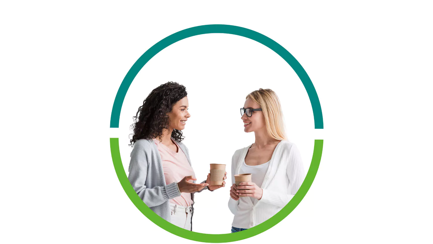 F&W_Website_2025_Hero-Image_Vorlage_Kalender_Job-Frühstück Zwei Frauen unterhalten sich freundlich im Stehen mit einem Kaffee in der Hand